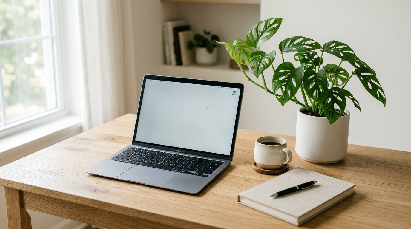 minimalist home office with single device and plant — Dialable.world for cheap international calls to landlines